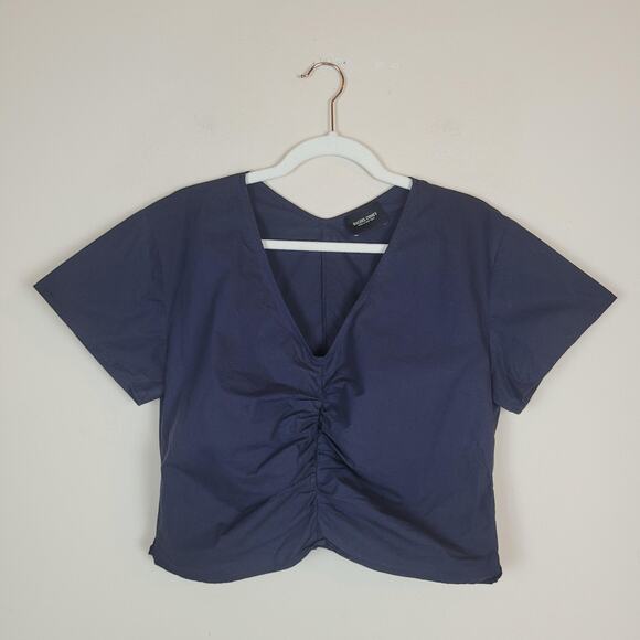 Rachel Comey Shirt Womens 6 Navy Blue V-Neck Ruched Short Sleeve Crop Prima Top - Picture 1 of 8